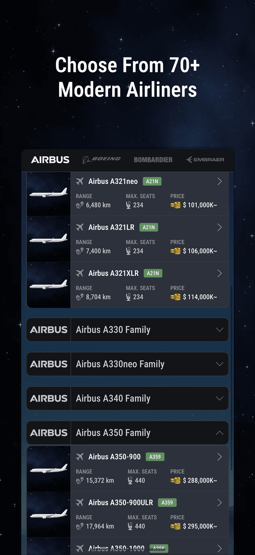 Choose From 70+ Modern Airliners