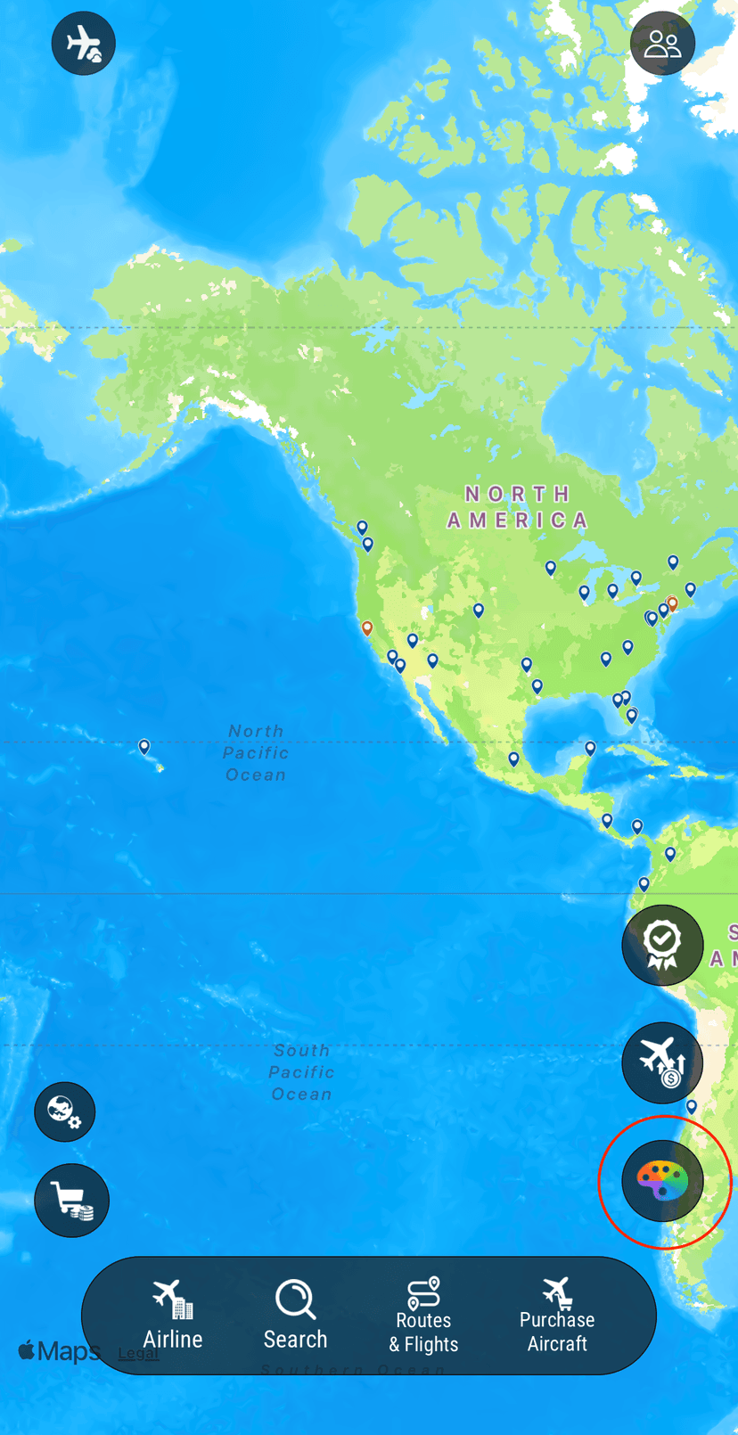 Map view showing the palette button on the right side of the screen