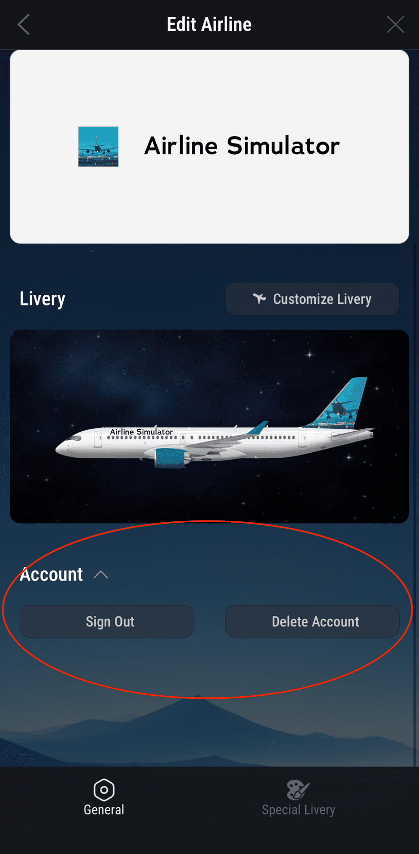 Edit Airline screen showing the Account section with Sign Out and Delete Account buttons